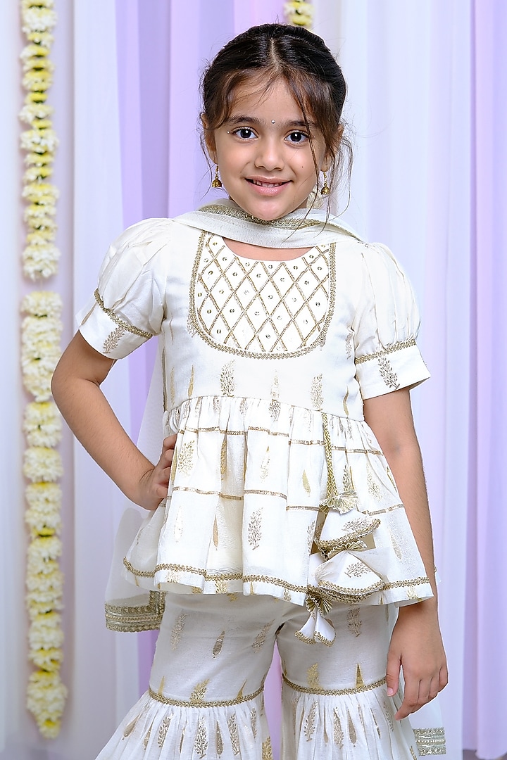 Ivory Chanderi & Cotton Sharara Set For Girls by Free Sparrow at Pernia's Pop Up Shop