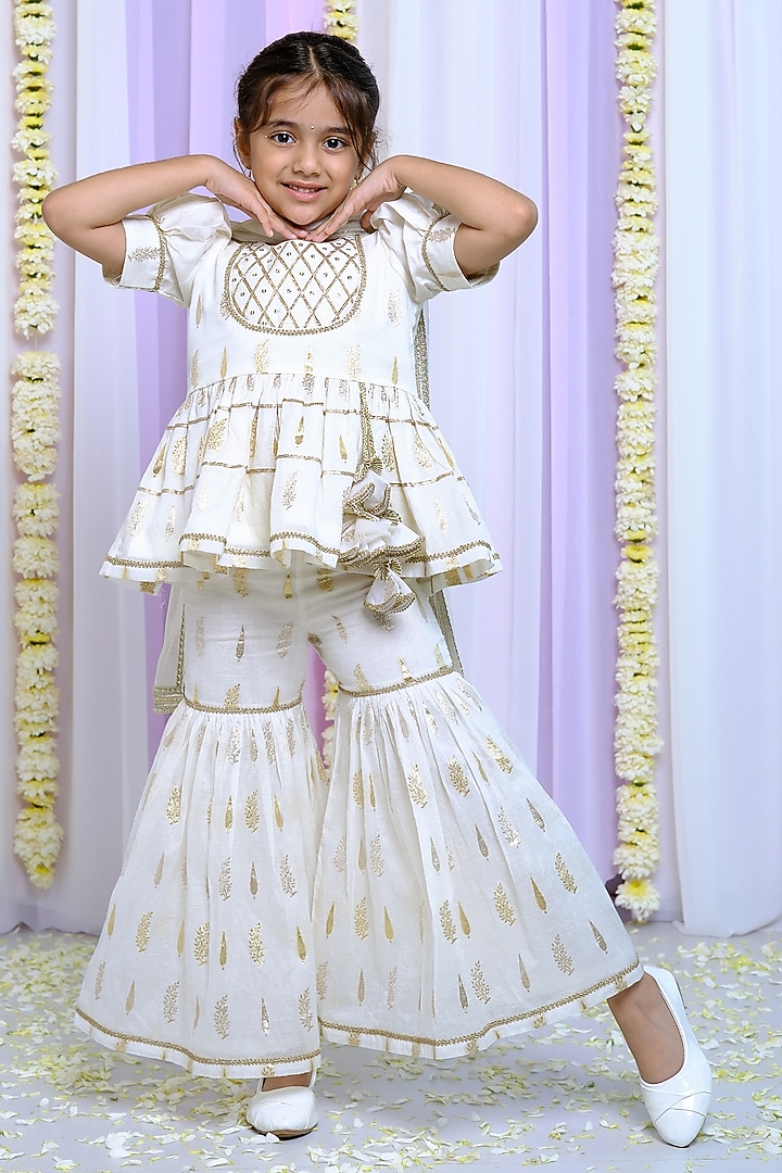 Ivory Chanderi & Cotton Sharara Set For Girls by Free Sparrow at Pernia's Pop Up Shop