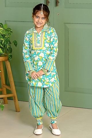 Sea Green Cotton Floral Printed Kurta Set For Girls by Free Sparrow