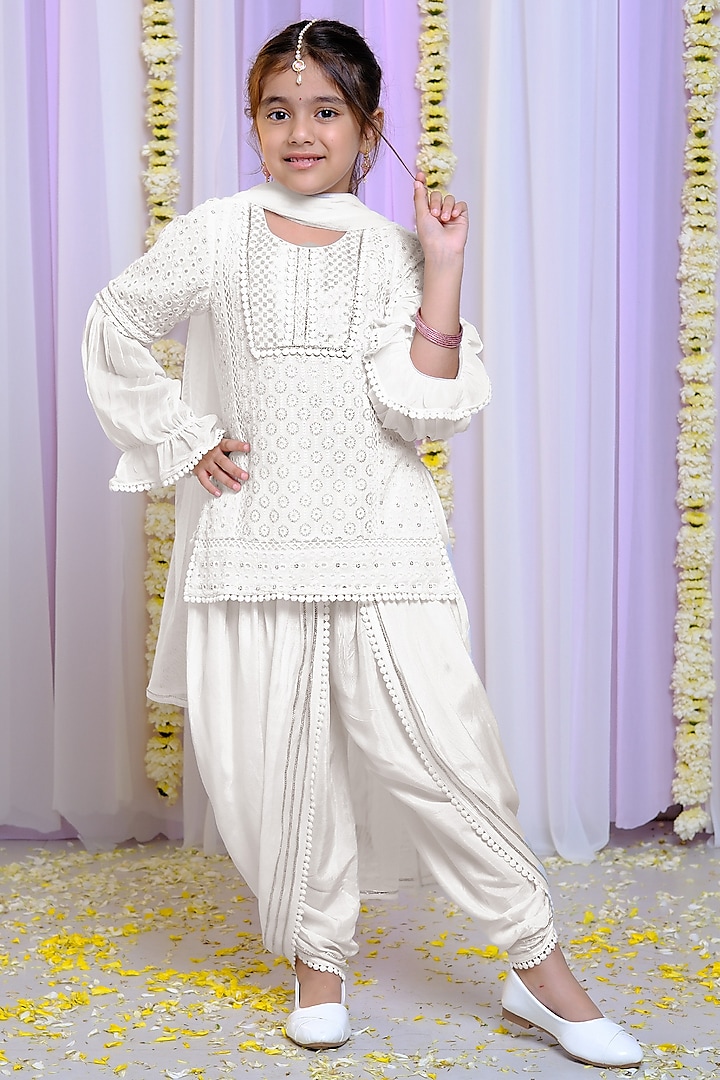 White Georgette & Cotton Dhoti Set For Girls by Free Sparrow at Pernia's Pop Up Shop