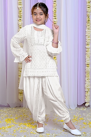 White Georgette & Cotton Dhoti Set For Girls by Free Sparrow