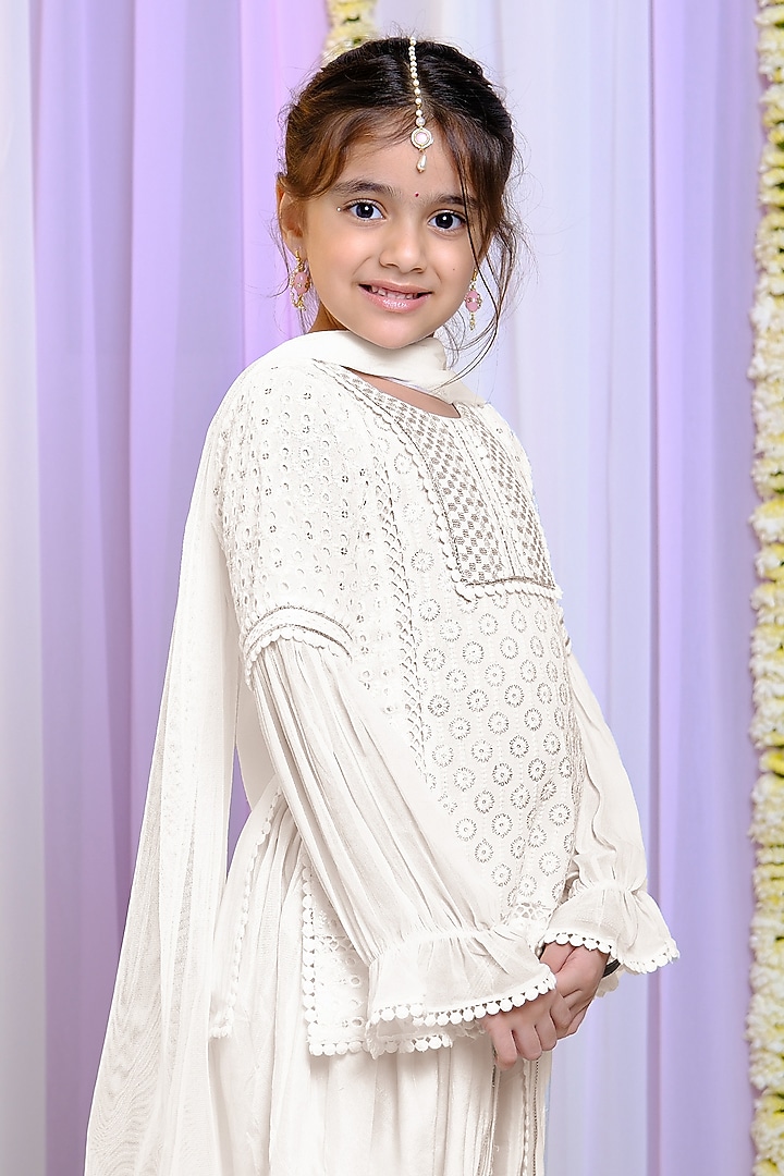 White Georgette & Cotton Dhoti Set For Girls by Free Sparrow at Pernia's Pop Up Shop