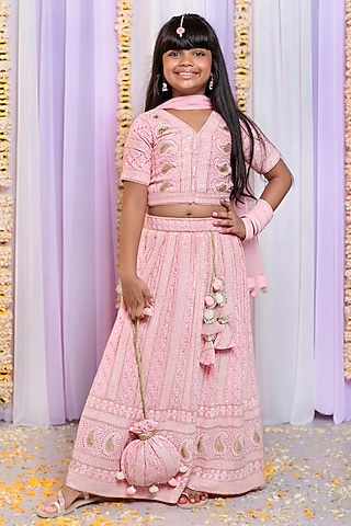 Pink Georgette Thread Embroidered Lehenga Set For Girls by Free Sparrow