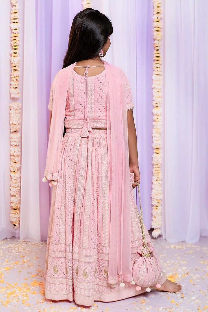 Pink Georgette Thread Embroidered Lehenga Set For Girls by Free Sparrow at Pernia's Pop Up Shop