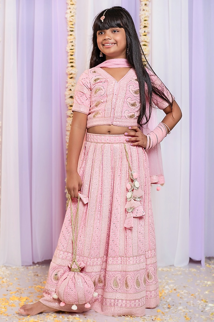 Pink Georgette Thread Embroidered Lehenga Set For Girls by Free Sparrow at Pernia's Pop Up Shop