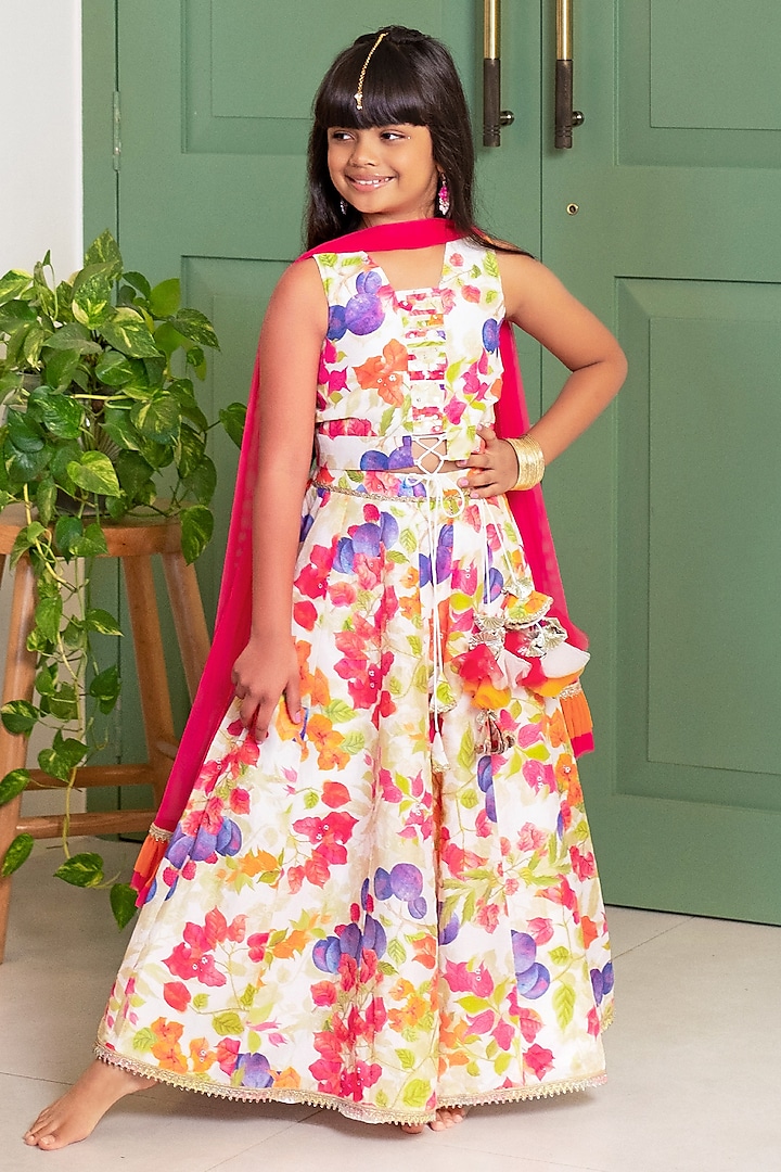 Multi-Colored Chanderi & Cotton Floral Printed Lehenga Set For Girls by Free Sparrow at Pernia's Pop Up Shop