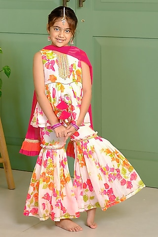 Multi-Colored Chanderi & Cotton Floral Printed Sharara Set For Girls by Free Sparrow