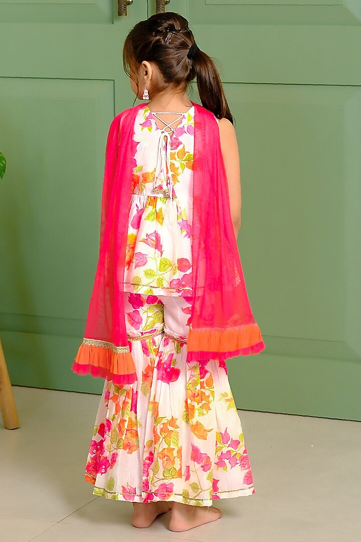 Multi-Colored Chanderi & Cotton Floral Printed Sharara Set For Girls by Free Sparrow at Pernia's Pop Up Shop