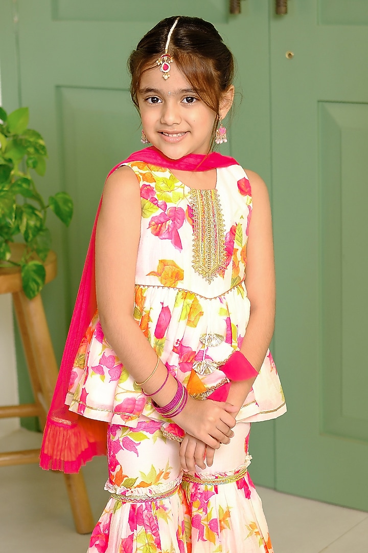Multi-Colored Chanderi & Cotton Floral Printed Sharara Set For Girls by Free Sparrow at Pernia's Pop Up Shop