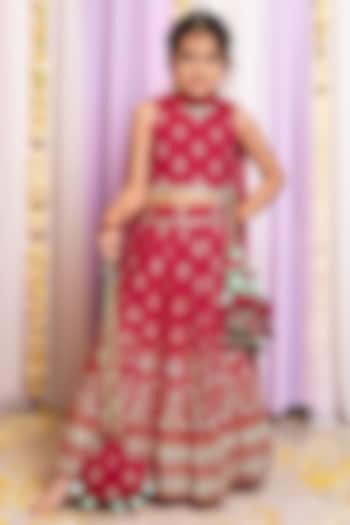 Red Silk & Cotton Floral Printed Lehenga Set For Girls by Free Sparrow at Pernia's Pop Up Shop