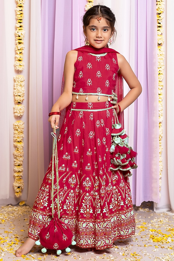 Red Silk & Cotton Floral Printed Lehenga Set For Girls by Free Sparrow at Pernia's Pop Up Shop