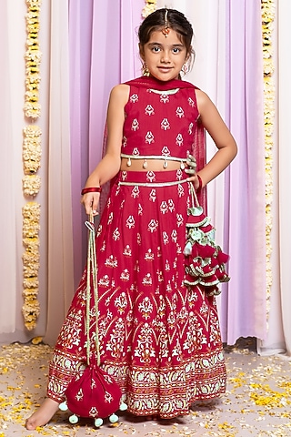 Red Silk & Cotton Floral Printed Lehenga Set For Girls by Free Sparrow
