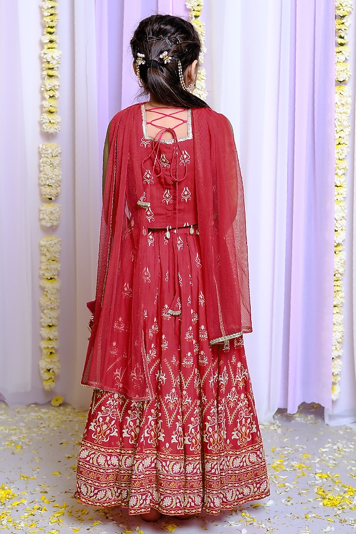 Red Silk & Cotton Floral Printed Lehenga Set For Girls by Free Sparrow at Pernia's Pop Up Shop