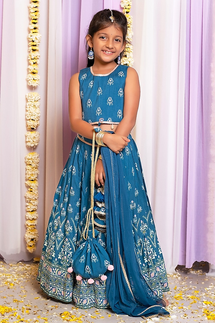 Blue Silk & Cotton Floral Printed Lehenga Set For Girls by Free Sparrow at Pernia's Pop Up Shop