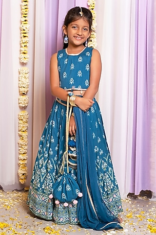 Blue Silk & Cotton Floral Printed Lehenga Set For Girls by Free Sparrow