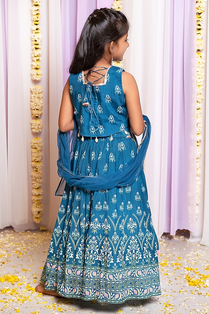 Blue Silk & Cotton Floral Printed Lehenga Set For Girls by Free Sparrow at Pernia's Pop Up Shop