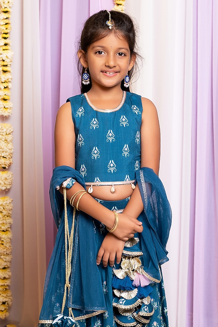 Blue Silk & Cotton Floral Printed Lehenga Set For Girls by Free Sparrow at Pernia's Pop Up Shop