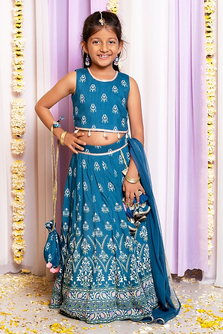 Blue Silk & Cotton Floral Printed Lehenga Set For Girls by Free Sparrow at Pernia's Pop Up Shop