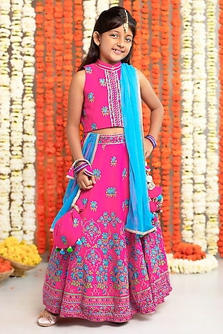 Pink Silk & Cotton Floral Printed Lehenga Set For Girls by Free Sparrow
