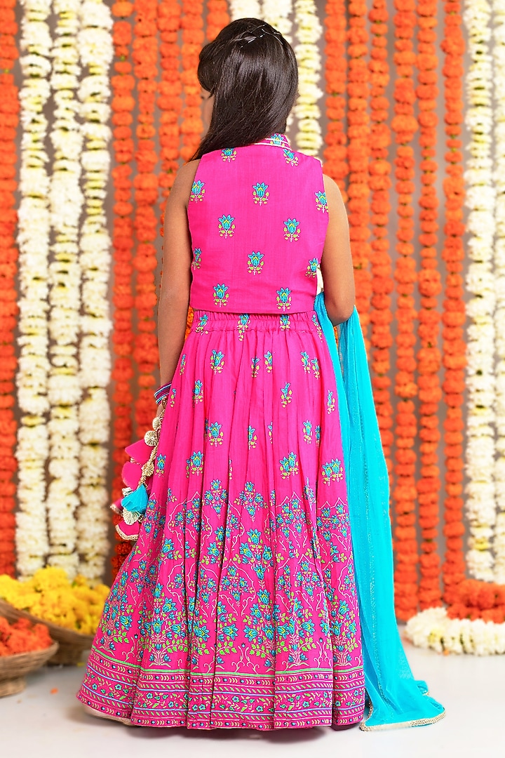 Pink Silk & Cotton Floral Printed Lehenga Set For Girls by Free Sparrow at Pernia's Pop Up Shop
