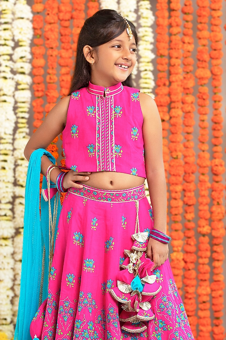 Pink Silk & Cotton Floral Printed Lehenga Set For Girls by Free Sparrow at Pernia's Pop Up Shop