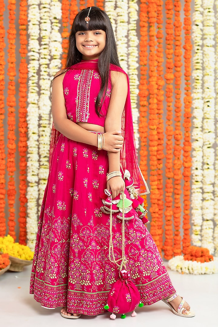 Maroon Silk & Cotton Floral Printed Lehenga Set For Girls by Free Sparrow at Pernia's Pop Up Shop