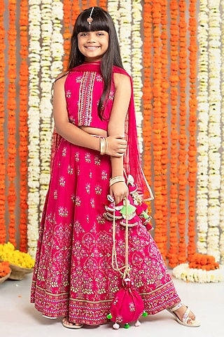 Maroon Silk & Cotton Floral Printed Lehenga Set For Girls by Free Sparrow