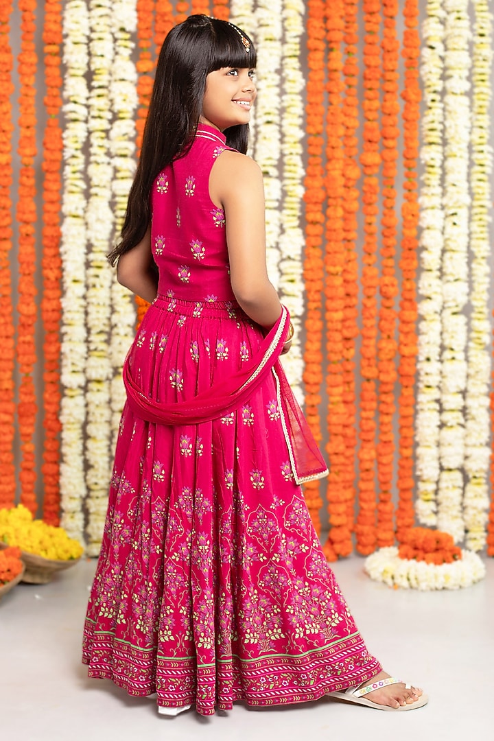 Maroon Silk & Cotton Floral Printed Lehenga Set For Girls by Free Sparrow at Pernia's Pop Up Shop
