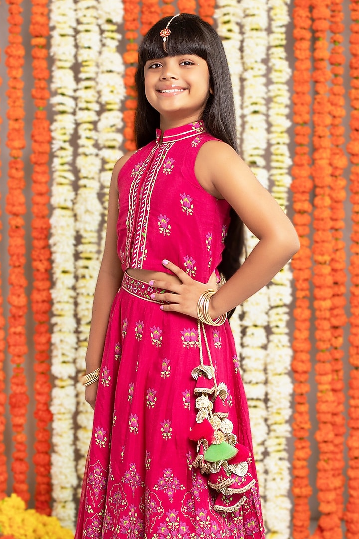 Maroon Silk & Cotton Floral Printed Lehenga Set For Girls by Free Sparrow at Pernia's Pop Up Shop