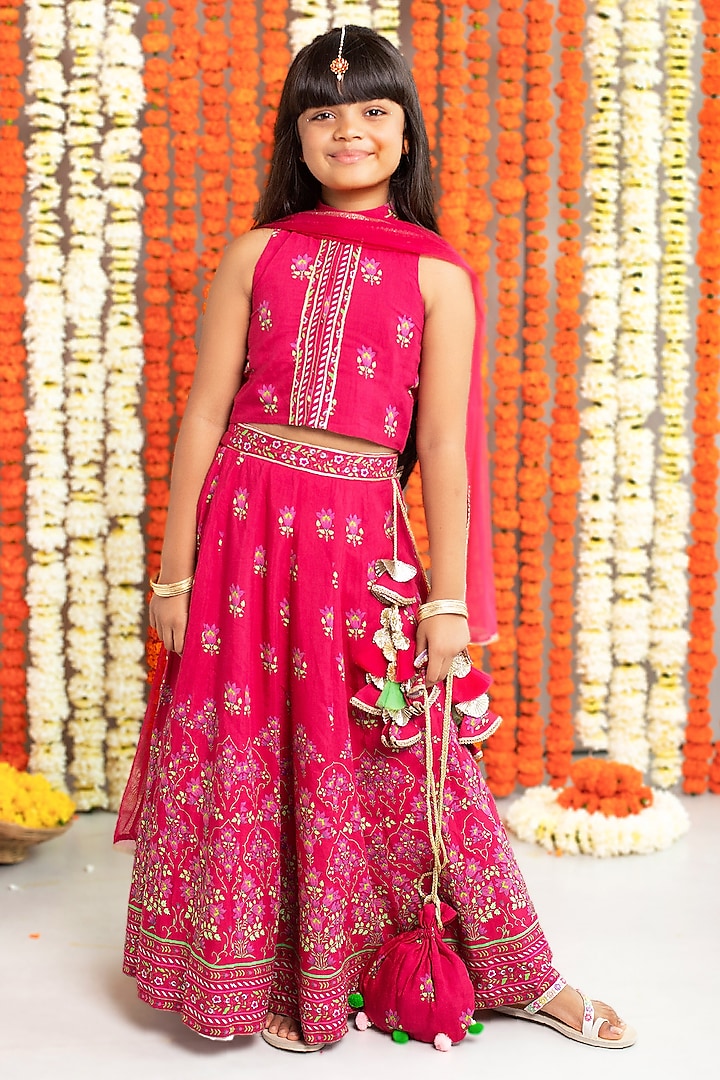 Maroon Silk & Cotton Floral Printed Lehenga Set For Girls by Free Sparrow at Pernia's Pop Up Shop