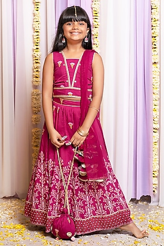Wine Silk & Cotton Floral Printed Lehenga Set For Girls by Free Sparrow