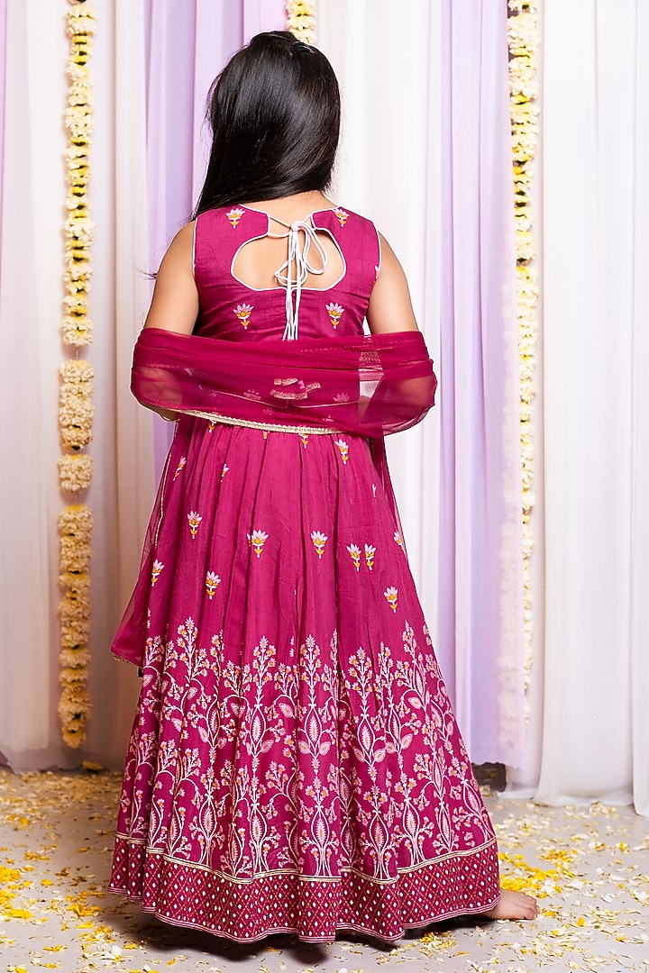 Wine Silk & Cotton Floral Printed Lehenga Set For Girls by Free Sparrow at Pernia's Pop Up Shop