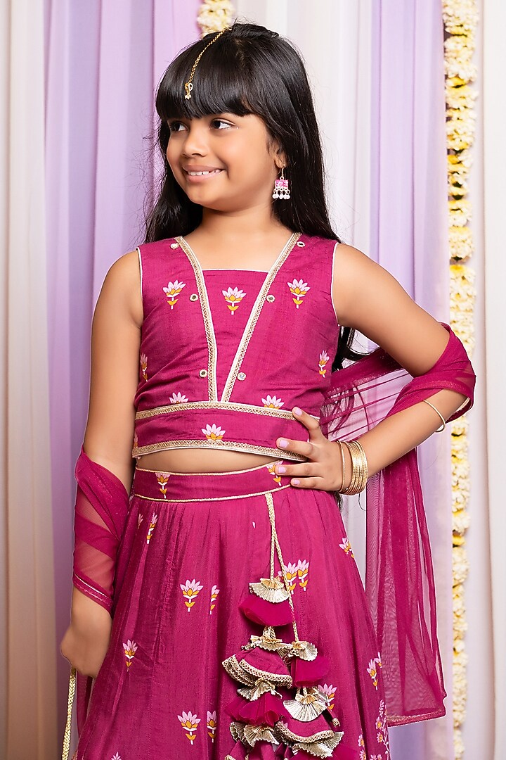 Wine Silk & Cotton Floral Printed Lehenga Set For Girls by Free Sparrow at Pernia's Pop Up Shop