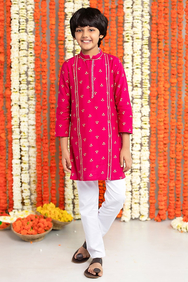 Maroon Silk & Cotton Satin Floral Printed Kurta Set For Boys by Free Sparrow at Pernia's Pop Up Shop