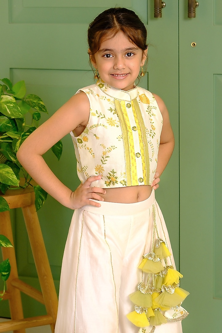 Ivory Chanderi Silk & Cotton Palazzo Pant Set For Girls by Free Sparrow at Pernia's Pop Up Shop