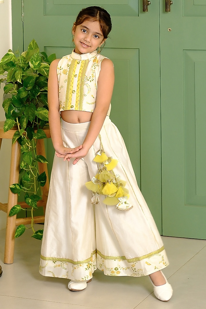 Ivory Chanderi Silk & Cotton Palazzo Pant Set For Girls by Free Sparrow at Pernia's Pop Up Shop