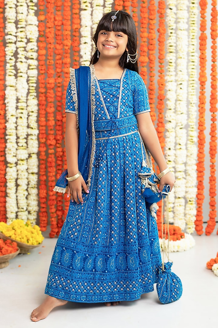 Blue Georgette & Cotton Thread Work Lehenga Set For Girls by Free Sparrow at Pernia's Pop Up Shop