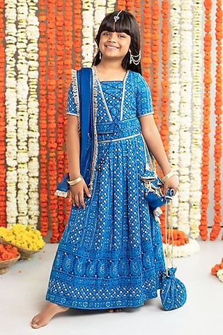 Blue Georgette & Cotton Thread Work Lehenga Set For Girls by Free Sparrow