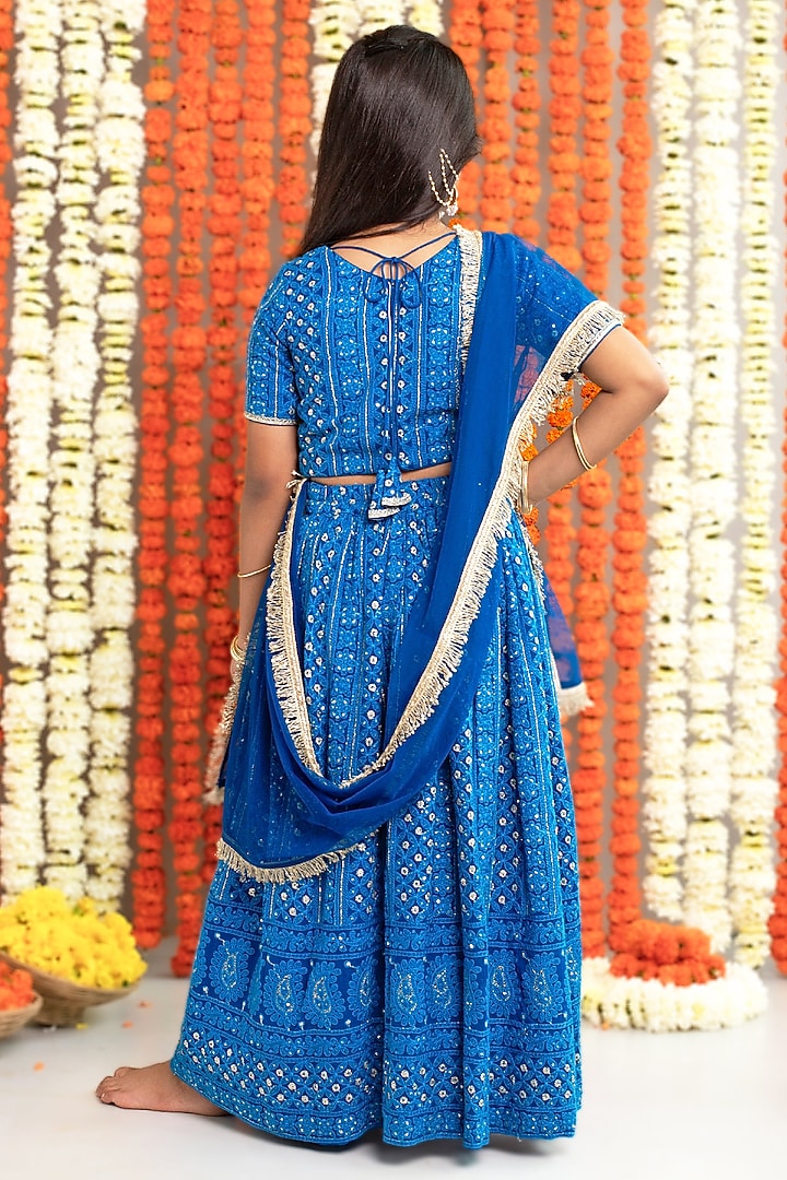 Blue Georgette & Cotton Thread Work Lehenga Set For Girls by Free Sparrow at Pernia's Pop Up Shop