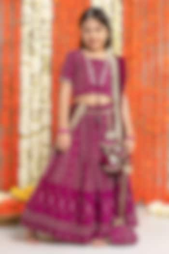 Wine Georgette & Cotton Thread Work Lehenga Set For Girls by Free Sparrow at Pernia's Pop Up Shop