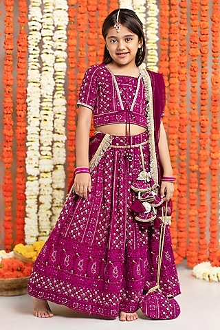 Wine Georgette & Cotton Thread Work Lehenga Set For Girls by Free Sparrow