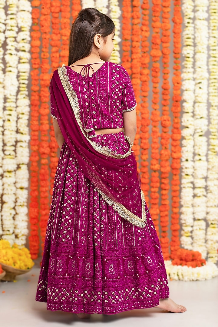 Wine Georgette & Cotton Thread Work Lehenga Set For Girls by Free Sparrow at Pernia's Pop Up Shop