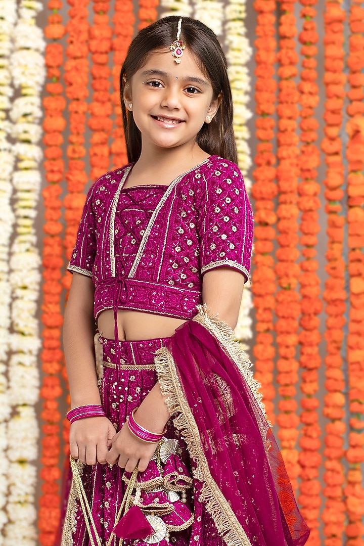 Wine Georgette & Cotton Thread Work Lehenga Set For Girls by Free Sparrow at Pernia's Pop Up Shop