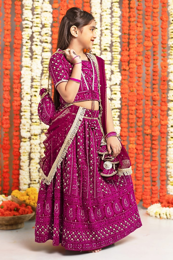 Wine Georgette & Cotton Thread Work Lehenga Set For Girls by Free Sparrow at Pernia's Pop Up Shop