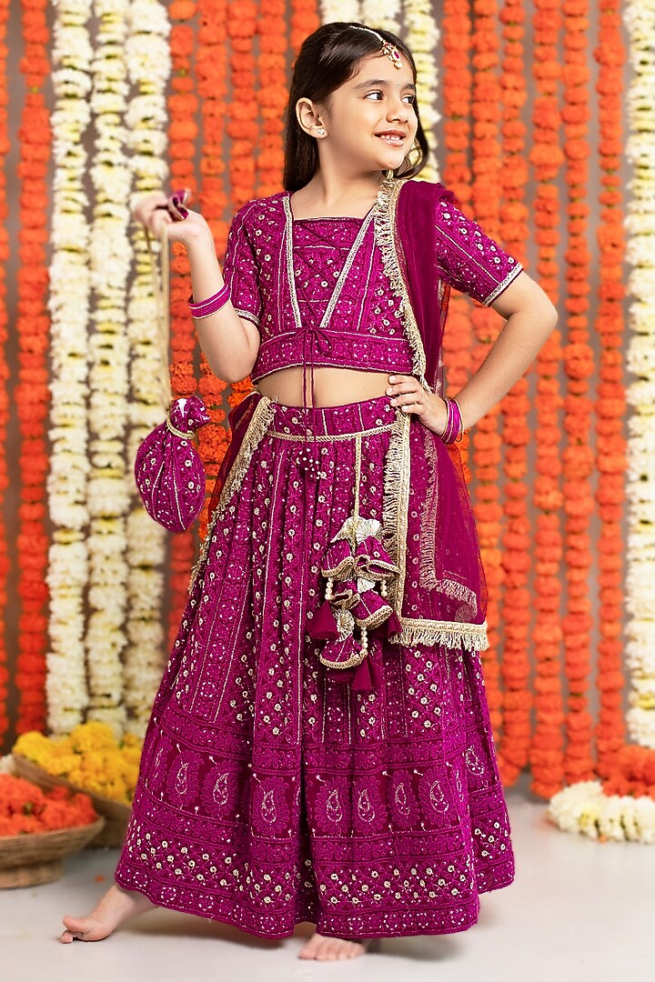 Wine Georgette & Cotton Thread Work Lehenga Set For Girls by Free Sparrow at Pernia's Pop Up Shop