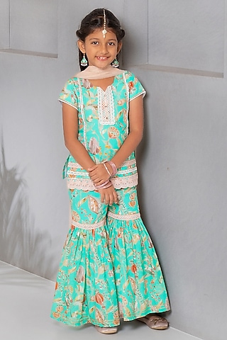 Sea Green Cotton Floral Printed Sharara Set For Girls by Free Sparrow