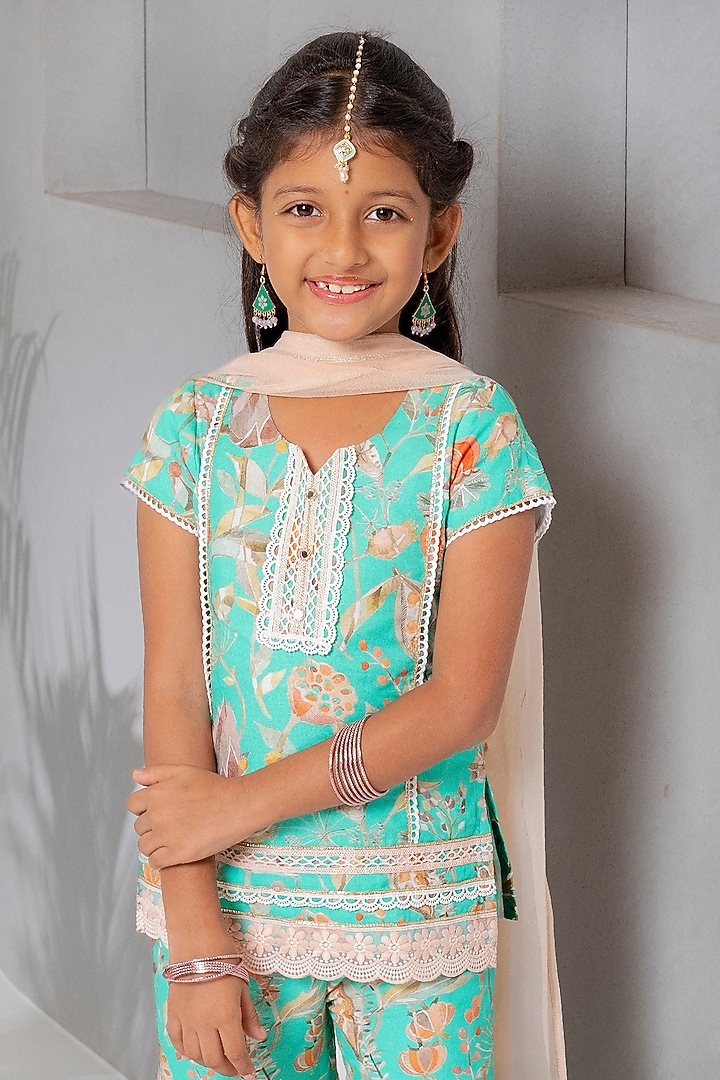 Sea Green Cotton Floral Printed Sharara Set For Girls by Free Sparrow at Pernia's Pop Up Shop