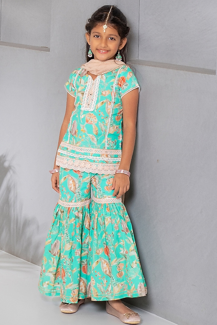 Sea Green Cotton Floral Printed Sharara Set For Girls by Free Sparrow at Pernia's Pop Up Shop