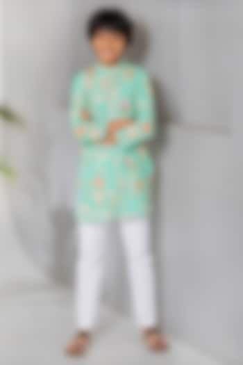 Sea Green Cotton Satin & Cotton Floral Printed Kurta Set For Boys by Free Sparrow at Pernia's Pop Up Shop