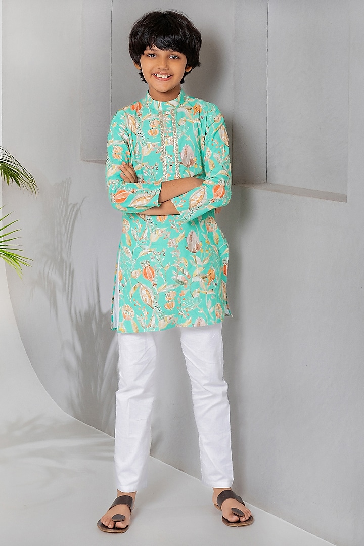 Sea Green Cotton Satin & Cotton Floral Printed Kurta Set For Boys by Free Sparrow at Pernia's Pop Up Shop